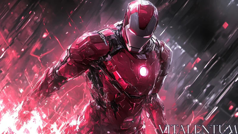 Armored futuristic warrior advances through crimson energy storm.