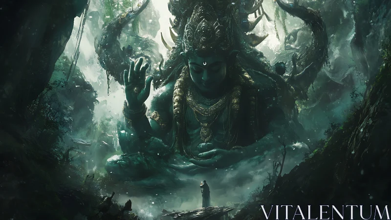 Colossal forest deity statue with robed figure below.