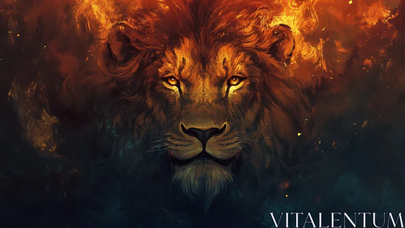 Lion of burning dusk gazing through swirling embers.