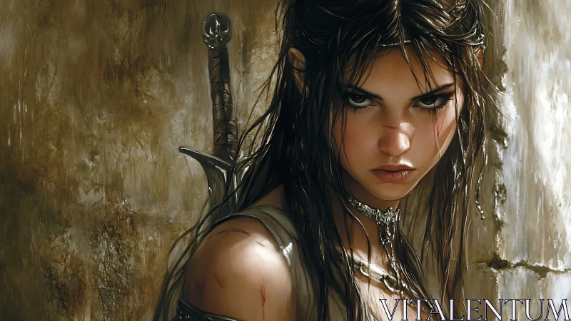 Battle-scarred elven warrior glares with drawn steel