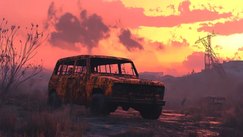Rusted SUV sits abandoned in overgrown field at sunset