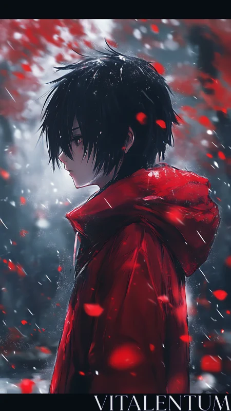 Solitary anime boy in red cloak amid falling crimson petals.