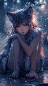 Melancholic wolf-girl sitting alone in a glowing forest.