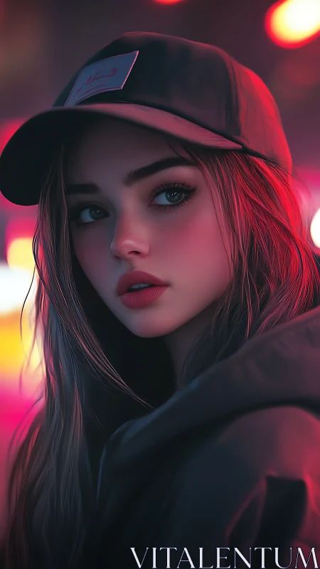 Digital portrait of young woman in cap under neon light.