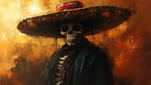 Dramatic skeletal figure in a wide sombrero greets the light