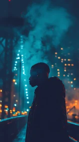 Silhouetted man stands on city bridge amid neon night haze