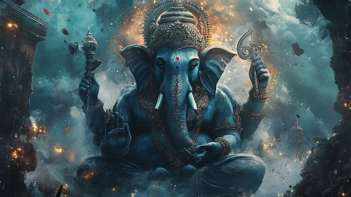 Mythic blue Ganesha rendered with volumetric haze and glowing embers
