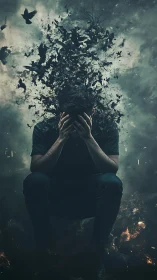 Despairing man erupts into dark birds and shattered fragments