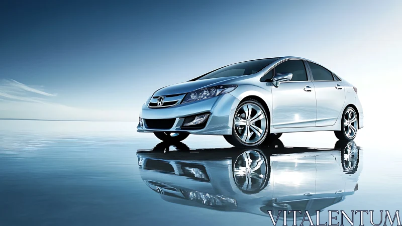 Silver sedan glides across a mirror horizon like bottled lightning