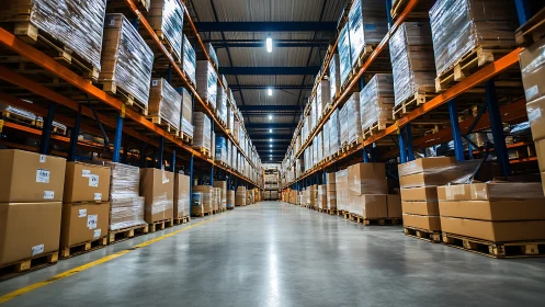 Endless warehouse corridor hums with perfectly stacked cargo