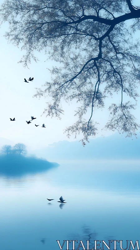 Mist covered lake with distant trees and birds in flight.