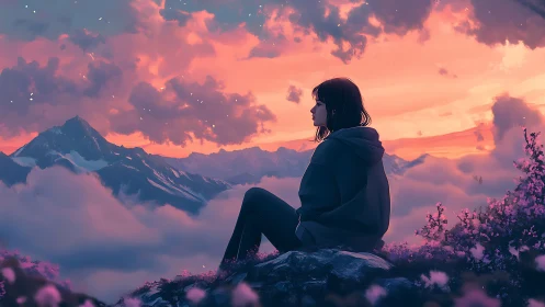 Solitary figure seated above cloud-filled mountain range.