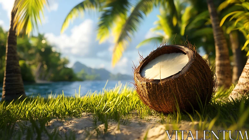 Halved Coconut Shell with Luminescent Interior Positioned in Tropical Shoreline Setting.