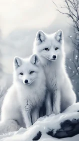 Arctic fox pair rest quietly in a soft winter wilderness.