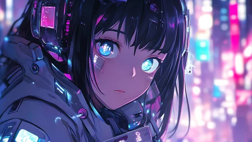 Cybernetic girl studies neon city lights with reflective gaze