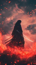 Lone samurai silhouette strides through embers under storm sky