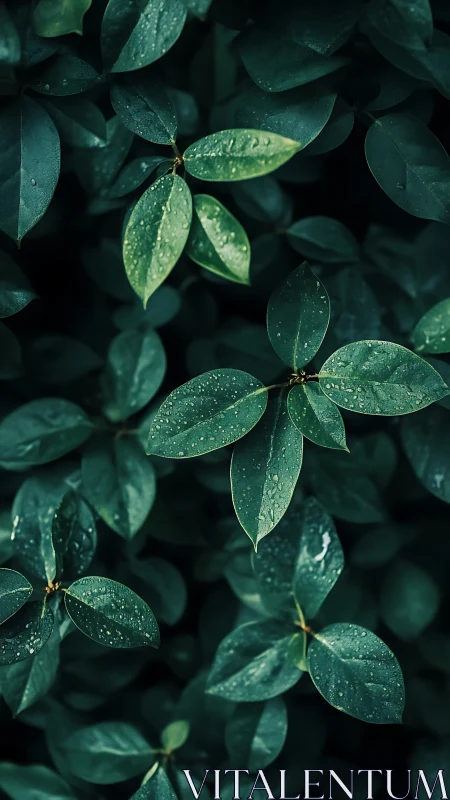 Rain-kissed green leaves under soft natural light.