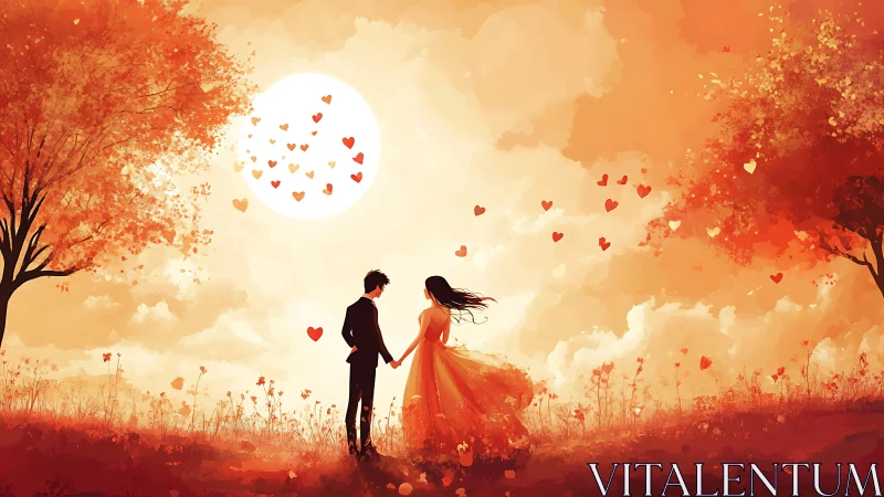 Couple in Autumn Field Under Luminous Moon with Floating Hearts.