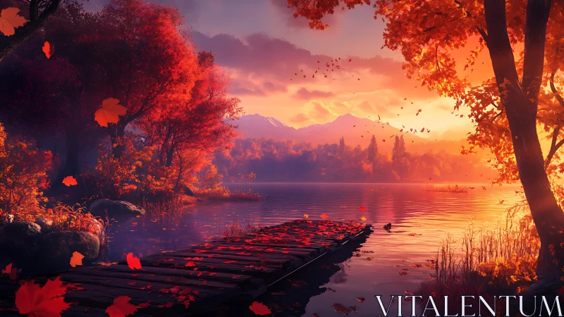 Autumn lake with wooden pier at vivid sunset light.