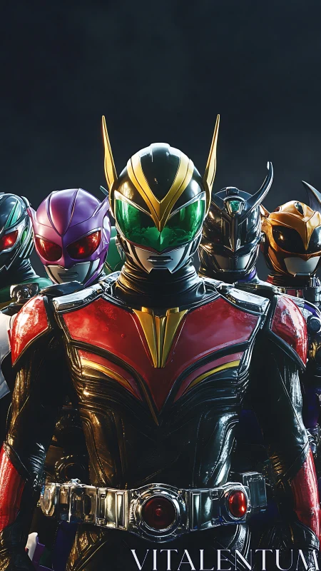 Colorful armored heroes standing together in bold unity.