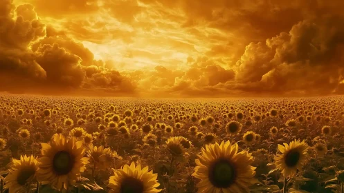 Endless sunflower field glows beneath dramatic golden sky