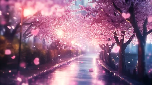 Romantic cherry blossom avenue rendered with soft depth of field
