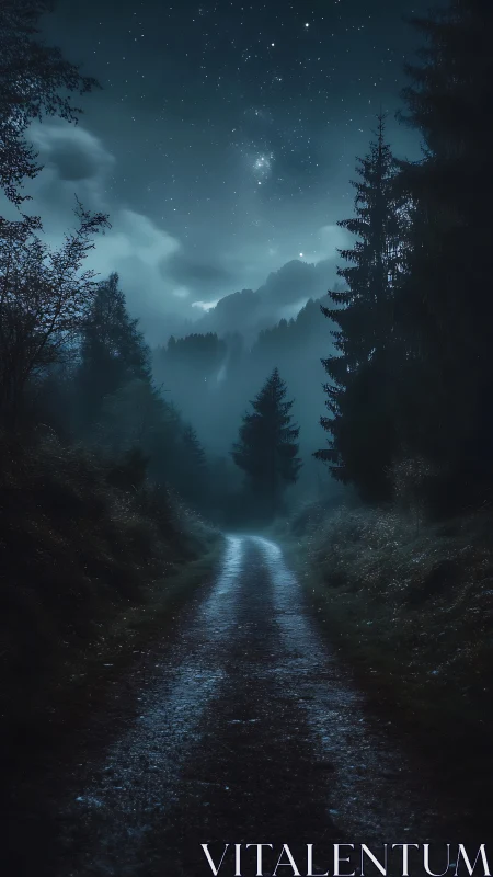Moonlit Mountain Road Through Ancient Coniferous Forest at Night