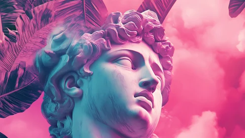 Classical marble bust with tropical leaves in neon tones.