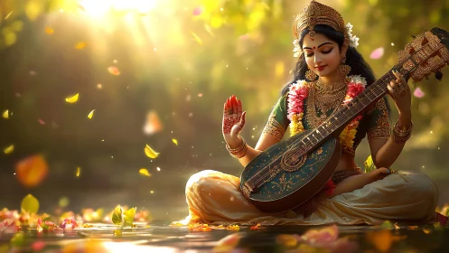 Divine musician goddess with veena in glowing garden light.