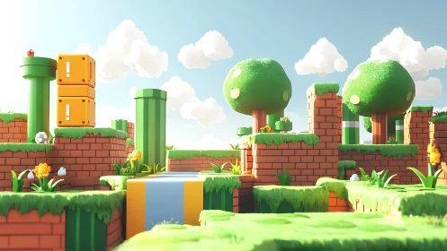 Playful grassy game world bathed in bright morning light.
