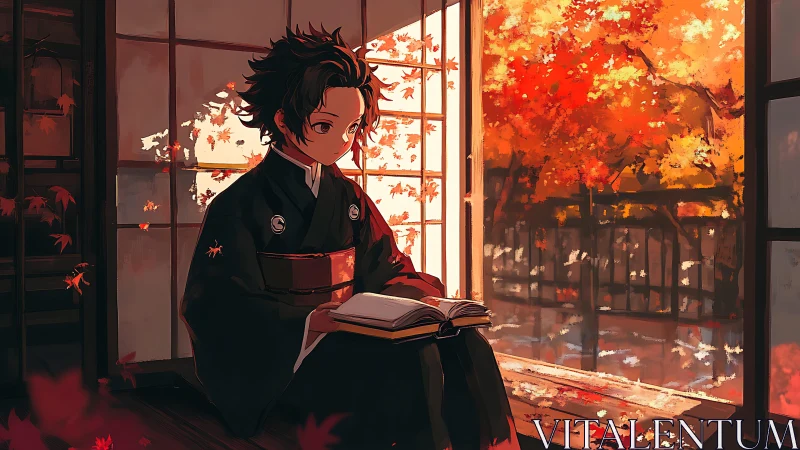 Young reader studies quietly beside glowing autumn shoji window