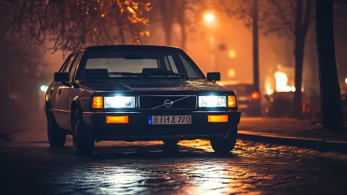 Midnight city streets welcome a classic sedan in warm fog