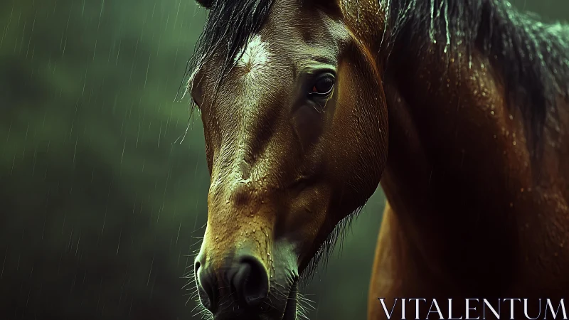 Gentle brown horse standing calmly in the soft falling rain.