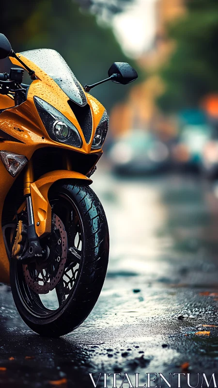 Rain-kissed sport bike waits like a coiled thunderbolt curbside