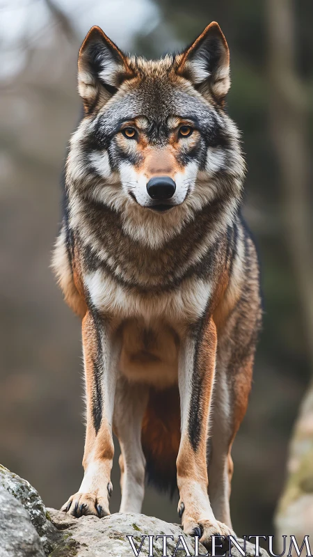 Wolf on rocky outcrop holds direct gaze in shallow focus portrait