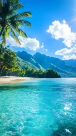 Tropical Paradise Beach with Mountain Vista.