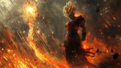 Fiery warrior rising through storm-lit falling embers.