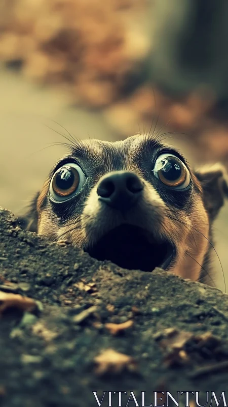 Big-eyed puppy peeking over a ledge in quiet surprise.