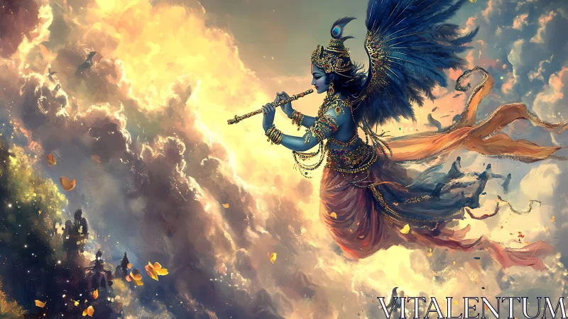 Celestial blue deity plays a golden flute above radiant clouds