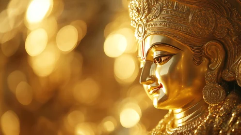 Golden goddess profile bathed in luminous sacred bokeh glow.