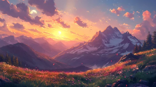 Twin-sky sunset over wildflower realms and silver peaks.