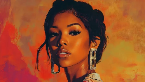 Bold digital portrait of woman against vivid orange backdrop.
