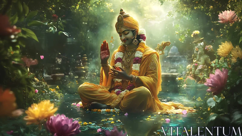 Luminous deity in meditative lotus pose amid radiant flora.