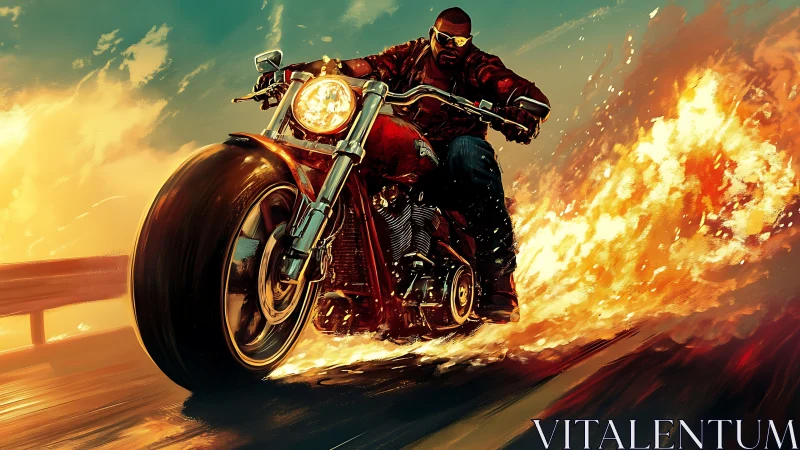 Flaming cruiser motorcycle at speed with dynamic rider motion