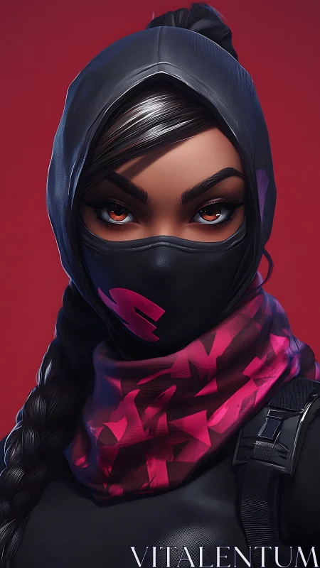 Scarlet Cipher Ninja with ember eyes and shattered scarf.