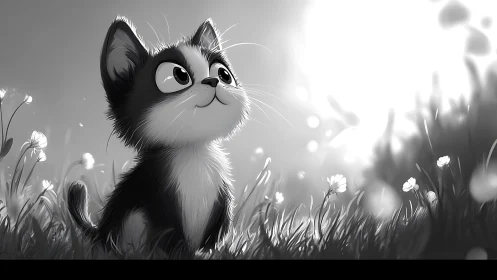 Black and White Cat Sitting in Flower Field Looking Upward