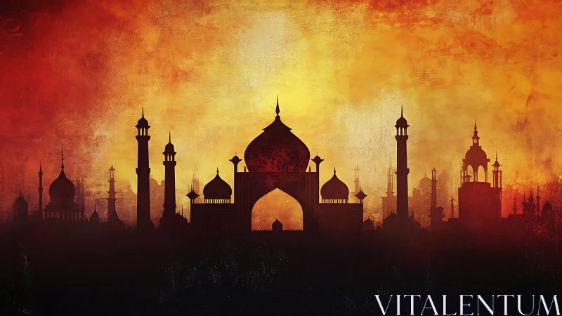 Silhouetted domes ignite against a blazing saffron sky.