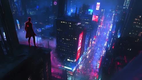 Neon vigilante overlooking rain-soaked cyberpunk avenue.