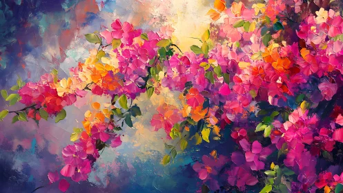 Branch with multicolored blossoms in abstract oil style.