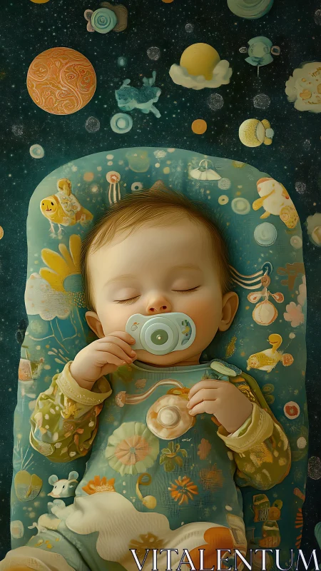 Baby dreaming under a cozy, starry storybook sky.